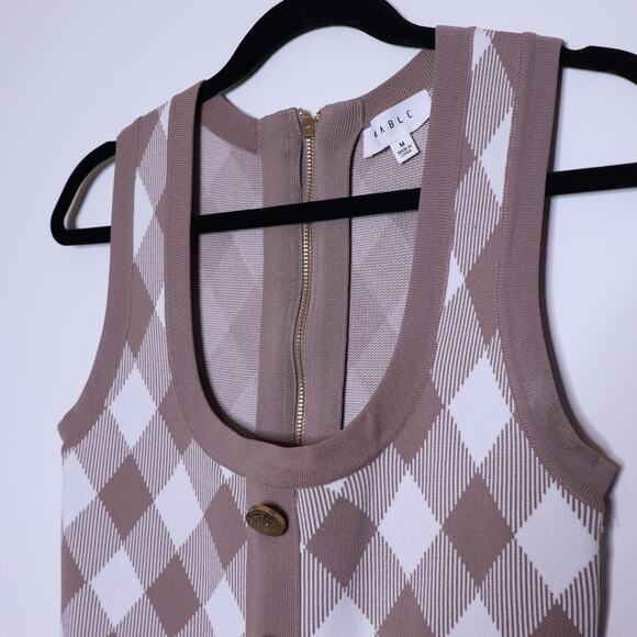 MABLE Ada Jacquard Bodycon Mini Dress Taupe Sleeveless Button Dress Women's M - Picture 5 of 15